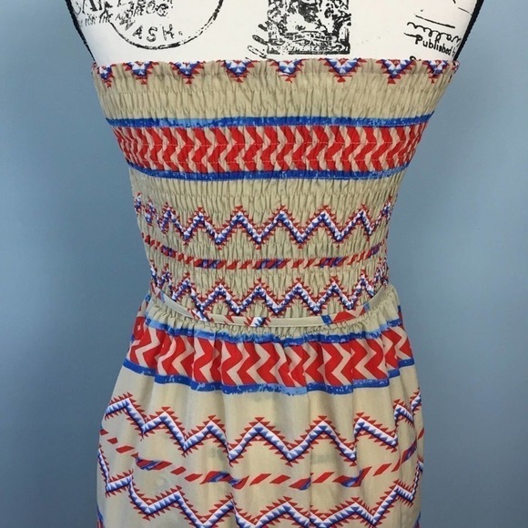 SANS Souci Smocked Strapless Aztec Tribal Print Maxi Dress Women's Size M Belted - Picture 7 of 12